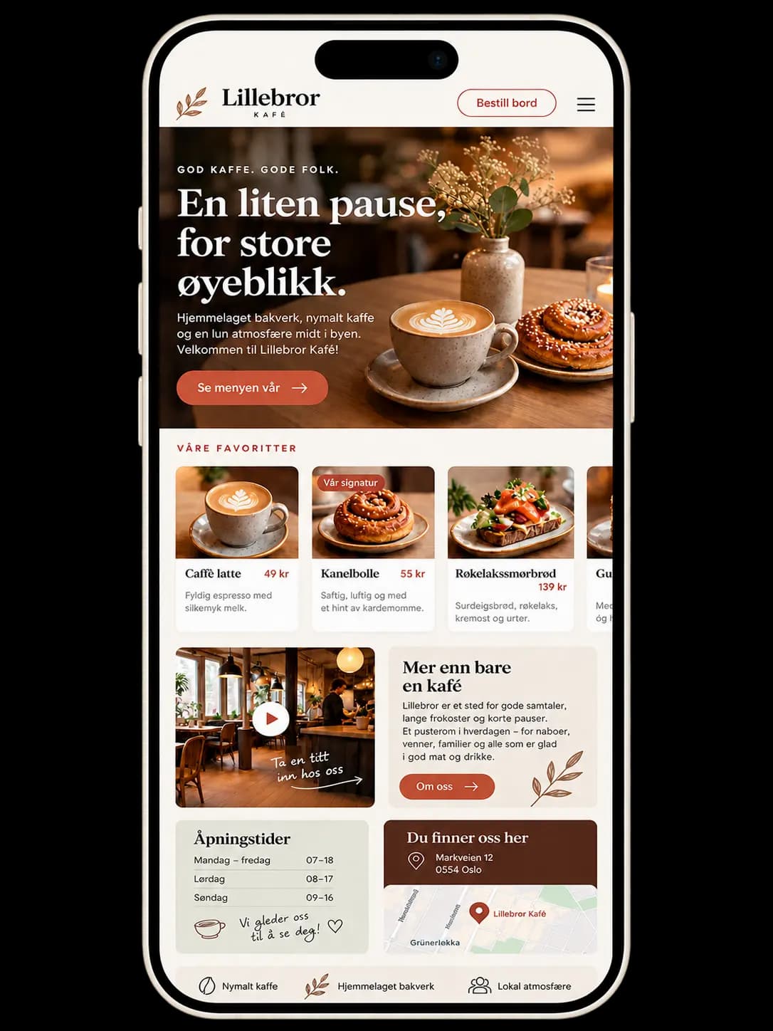 Mobilvisning av en kafénettside bygget med Sbooking