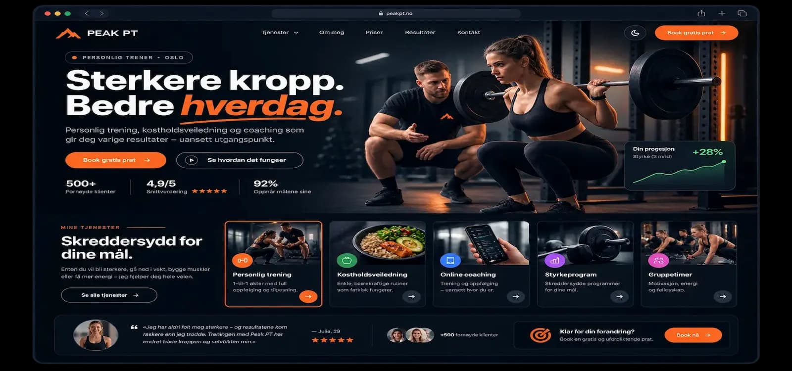 Eksempel på nettside for Personlig trener, bygget med Sbooking