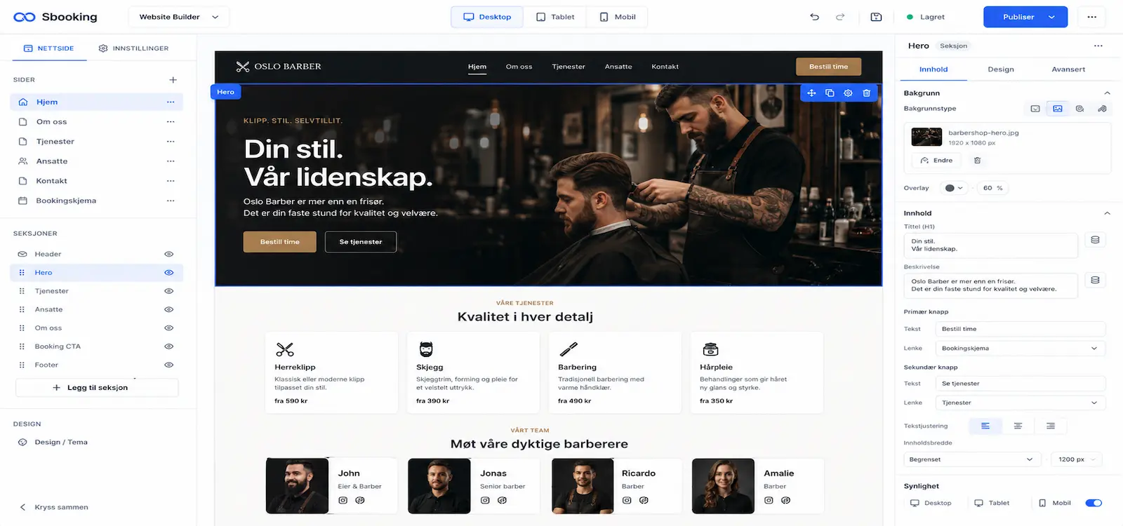 Sbooking Website Builder som viser seksjonseditoren, nettsideflaten og forhåndsvisning på desktop