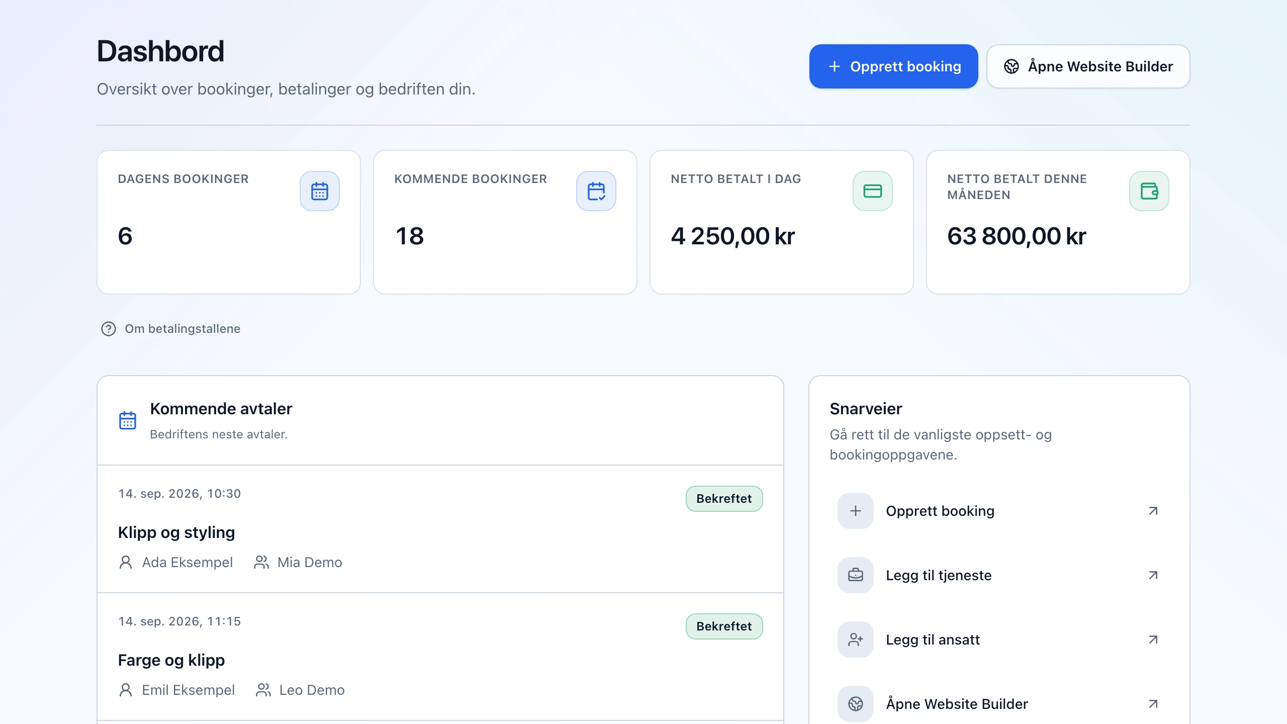 Sbooking-dashboard med bookinger og kundeoversikt