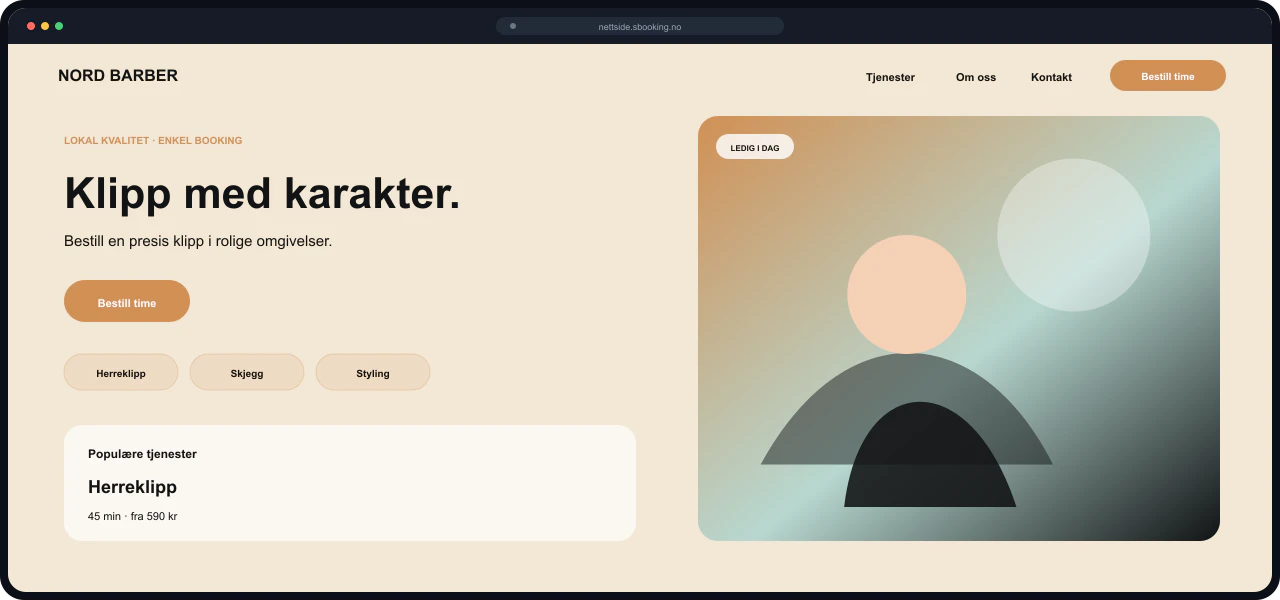 Eksempel på nettside for Barbersalong, bygget med Sbooking