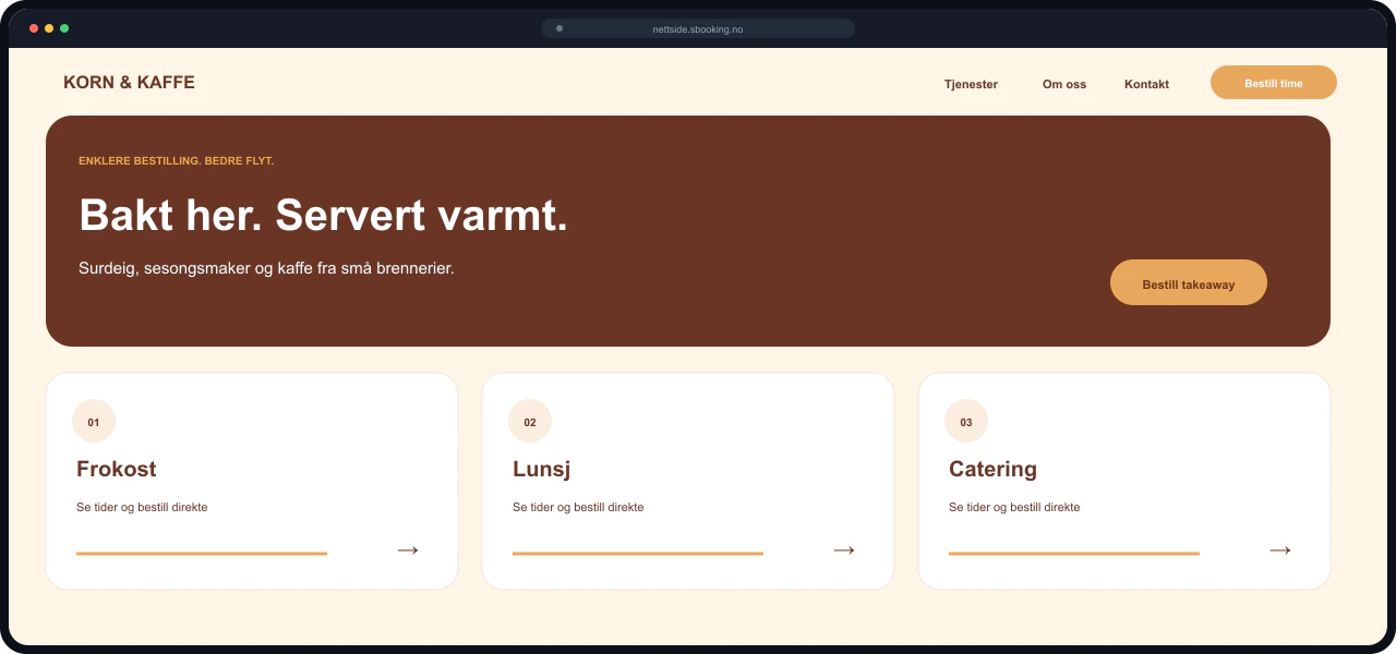 Eksempel på nettside for Kafé og takeaway, bygget med Sbooking