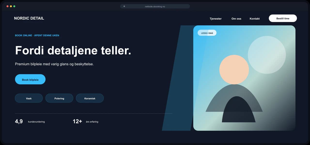Eksempel på nettside for Bilpleie, bygget med Sbooking