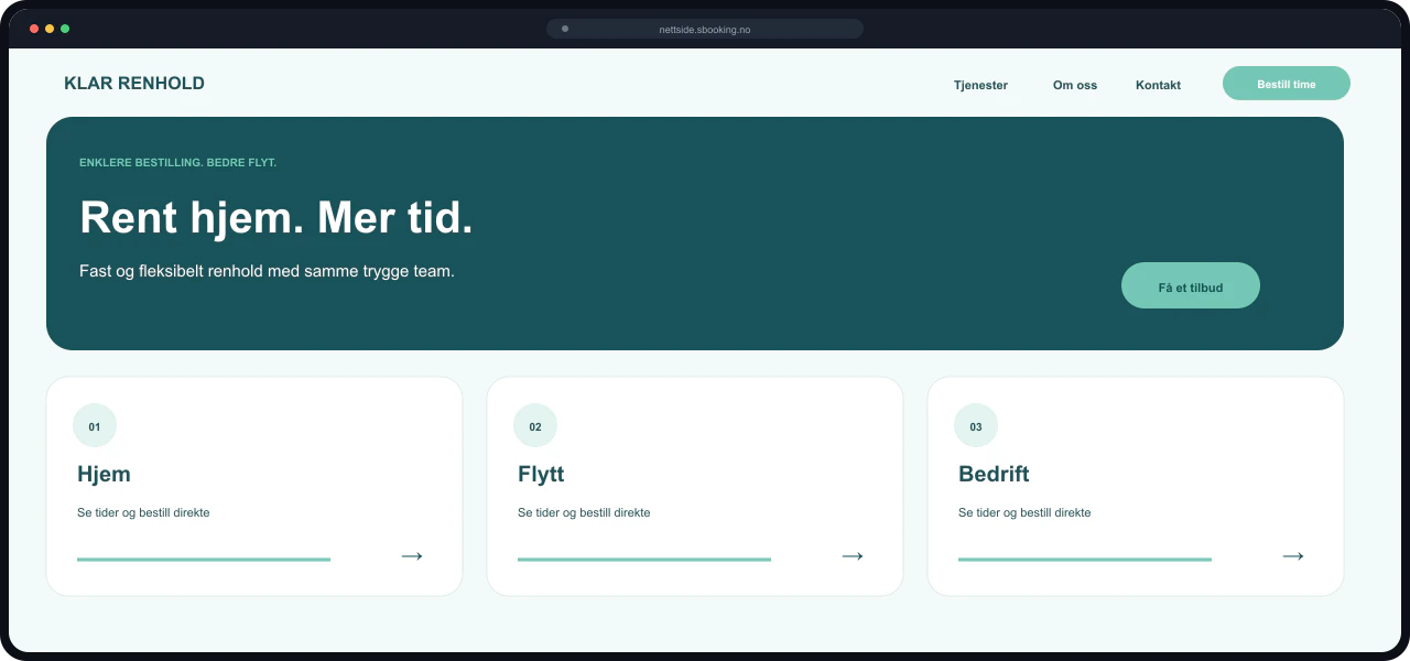 Eksempel på nettside for Renholdsbedrift, bygget med Sbooking