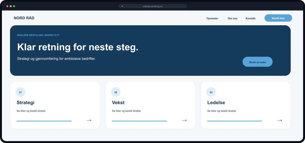 Eksempel på nettside for Rådgivningsbedrift, bygget med Sbooking
