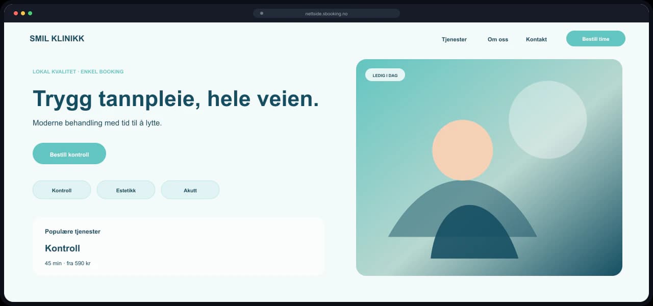 Eksempel på nettside for Tannklinikk, bygget med Sbooking