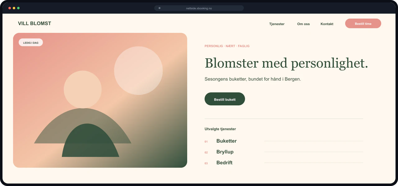 Eksempel på nettside for Blomsterbutikk, bygget med Sbooking