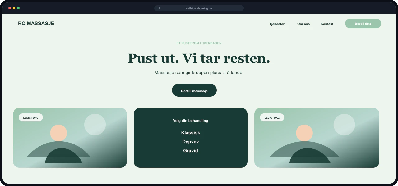 Eksempel på nettside for Massasjestudio, bygget med Sbooking