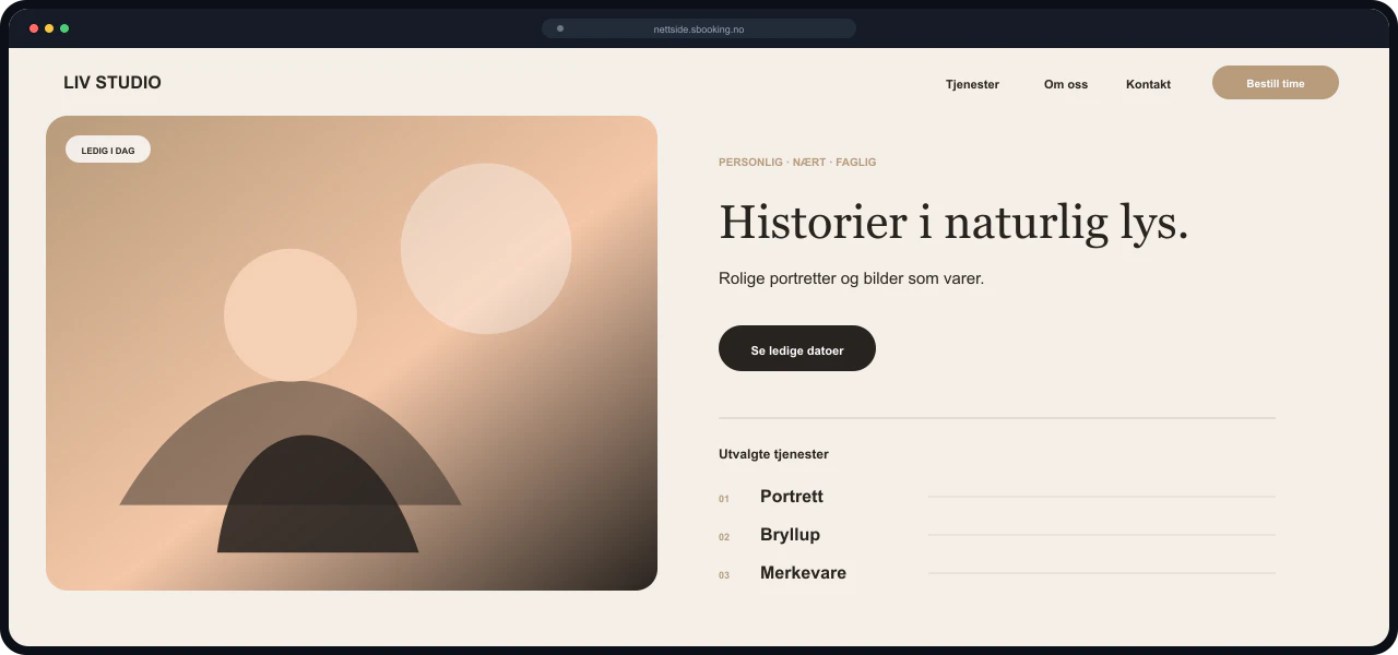 Eksempel på nettside for Fotograf, bygget med Sbooking