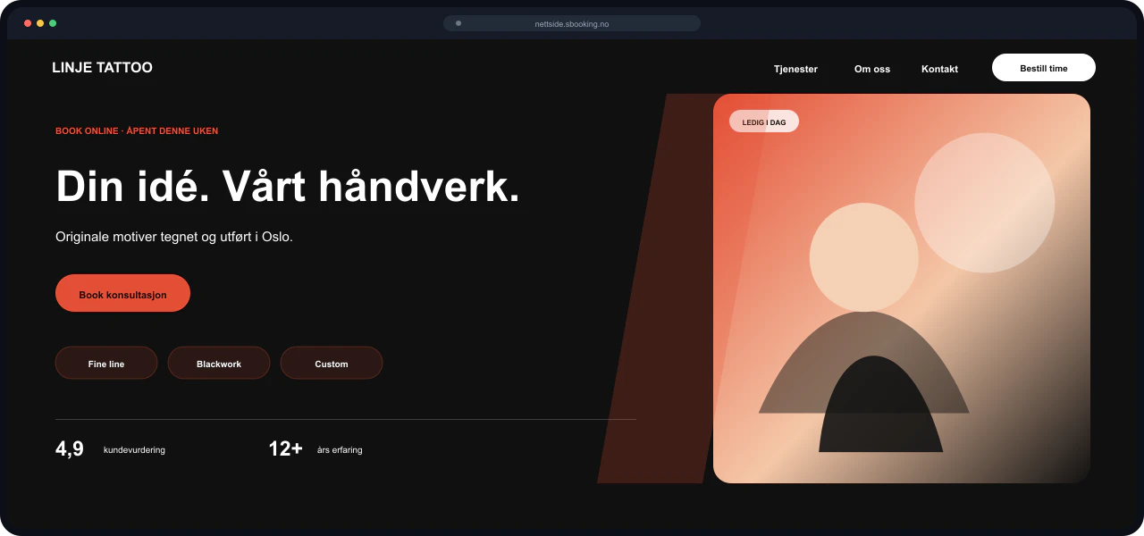 Eksempel på nettside for Tatoveringsstudio, bygget med Sbooking