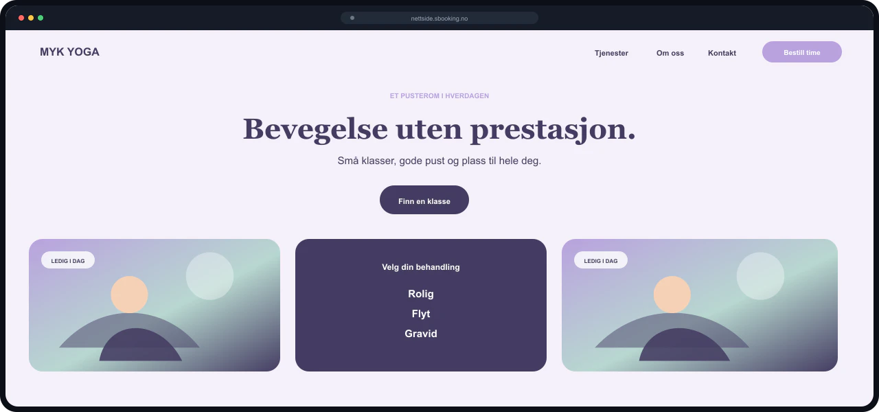 Eksempel på nettside for Yogastudio, bygget med Sbooking
